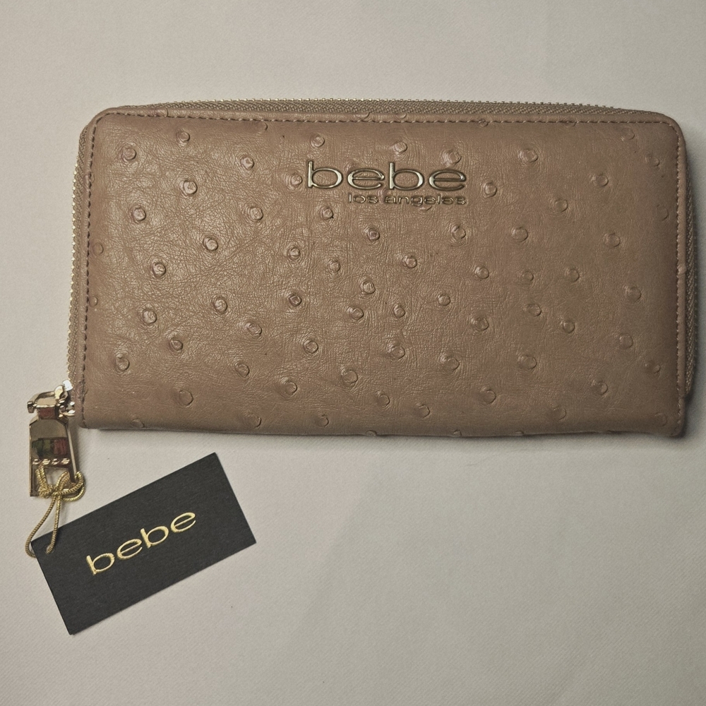 Bebe Clarita Ostrich-Embossed Camel Zip Around Taupe Wallet